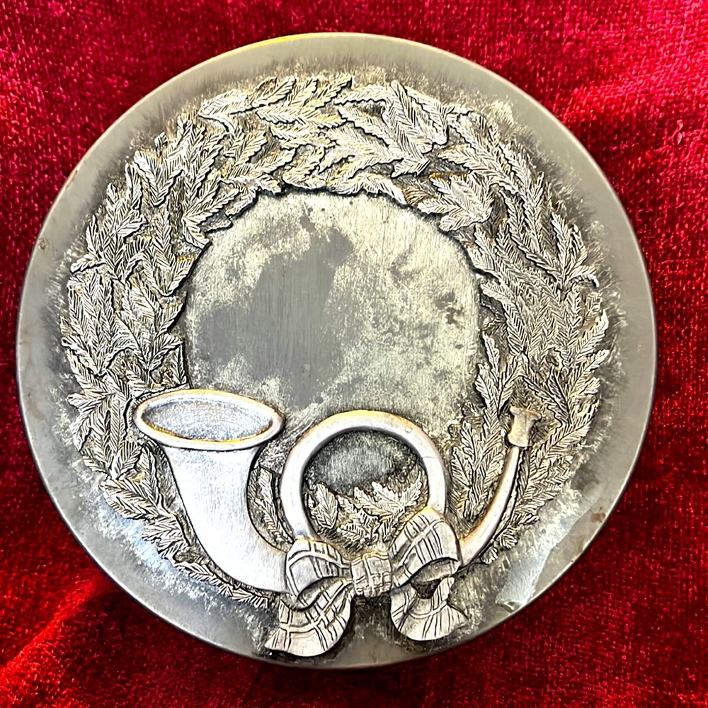 Pittsburgh Snax & Nut Co. Metzke Bugle Horn Christmas Cookie Tin 8 inch Vtg MCM